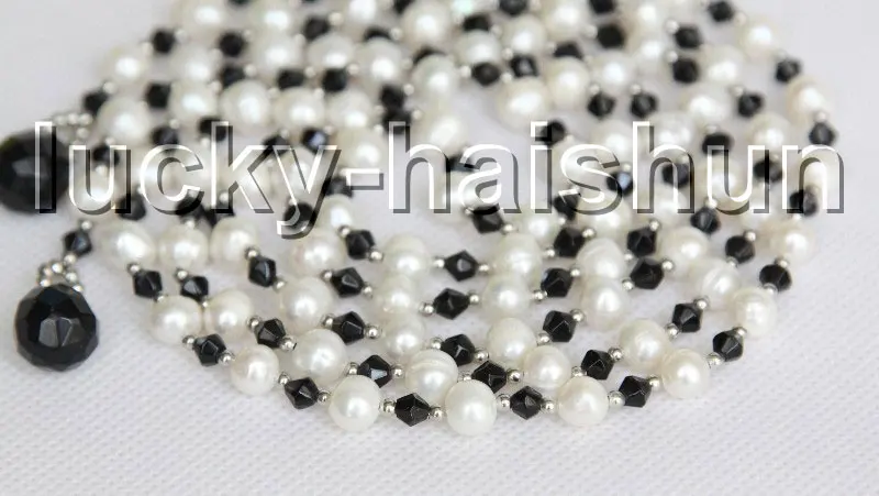 

Long 50" 8mm round white freshwater pearls agate necklace j13298
