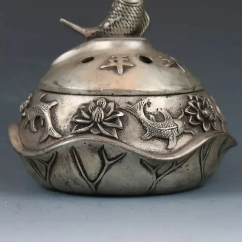 

Chinese Silver Copper Hand-Carved Fish Incense Burner W QianLong Mark