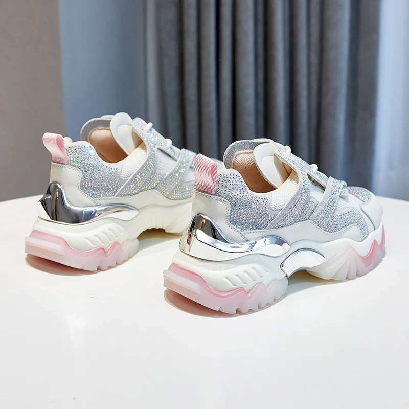 

Ginchasio 2021 Women Sneakers Cow Leather Crystal String Bead Casual Trend Female Comfortable Platform Vulcanize Flats Shoes