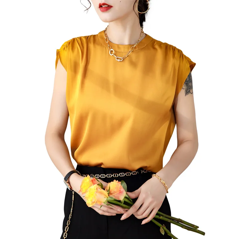 

Gezelligheid Silk Shirts For Women 2021 Summer Fashion Elegant Casual Slim Light Luxury Round Neck Loose 100% Natural Silk Tops