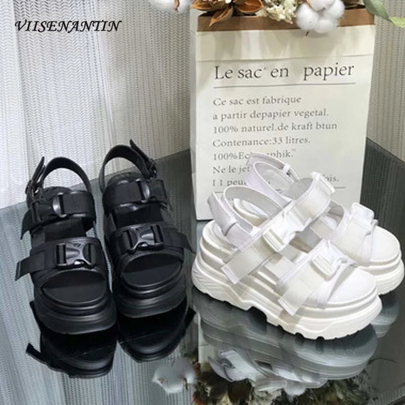 

Сандалии на платформе с открытым носком, Водонепроницаемые кожаные Светоотражающие босоножки на липучке, универсальные повседневные Папи...