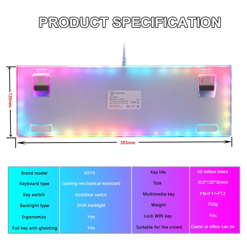 

Original Motospeed K87S Gaming Mechanical Keyboard USB Wired 87 keys with RGB Backlight Red/Blue Switch for PC Computer Gamer