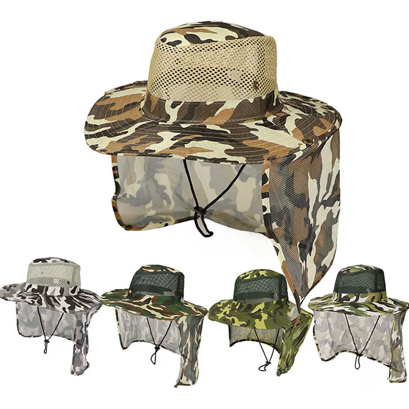 

Camouflage Fishing Wide Brim Hat Men Breathable Mesh Fishing Cap Beach Camping Hiking Hats Outdoor Sun Windproof Rope Shade Hat