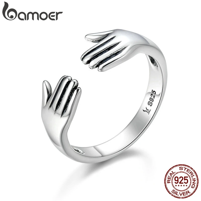 BAMOER, натуральная 925 пробы, серебряный, двойной слой, дайте мне объятия, открытые, кольца на палец для женщин, Стерлинговое серебро, ювелирные изделия SCR136