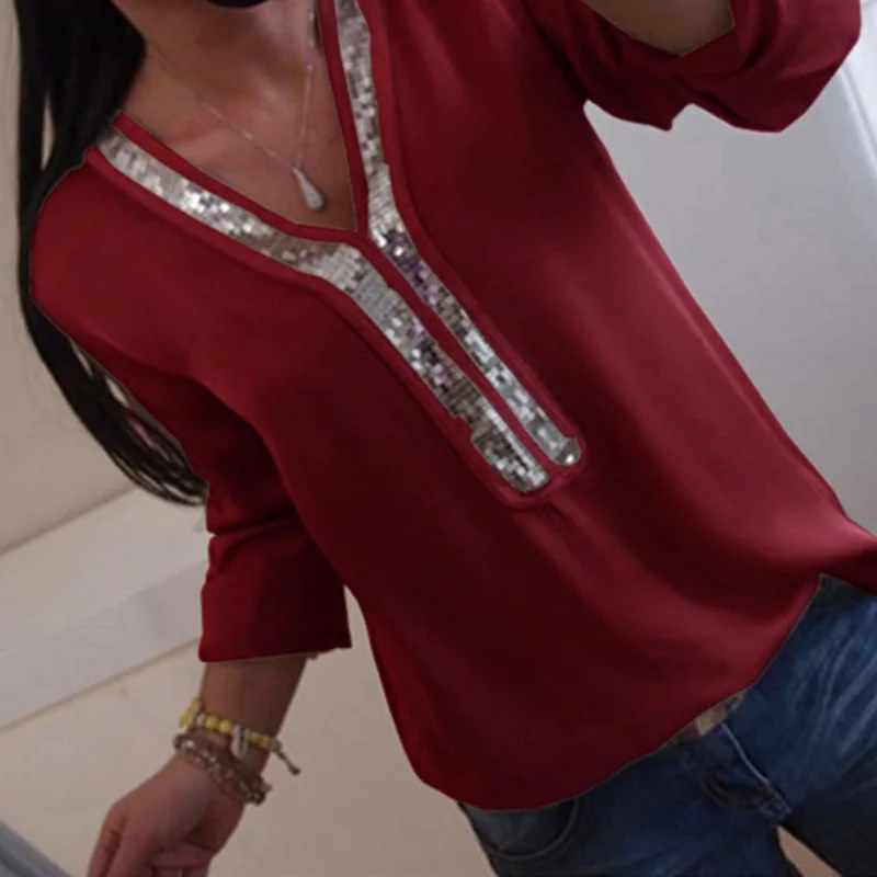 Блузка женская шифоновая с длинным рукавом и V образным вырезом|Рубашки| |