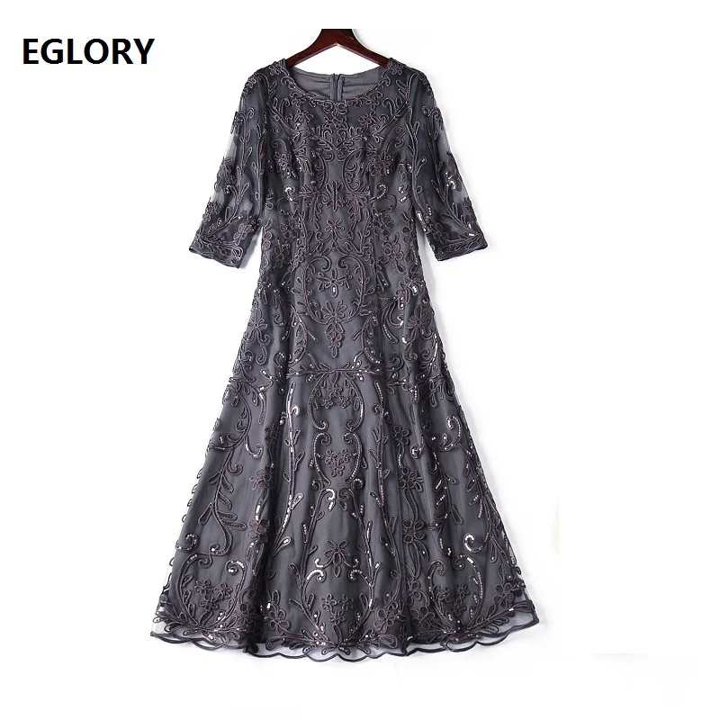 

Top Quality New 1950s Style Dress Plus Size Clothing Women O-Neck Allover Luxurious Embroidery Mid-Calf Blue Grey Dress 3xl 4XL