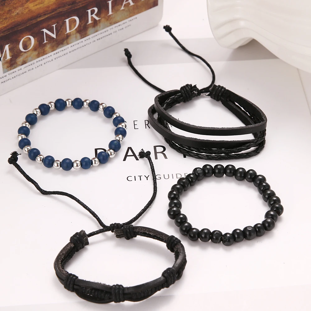 IFMIA богемные деревянные плетеные браслеты ручной работы, браслеты Pulsera для мужчин, винтажный многослойный синий кожаный браслет с бусинами, браслеты