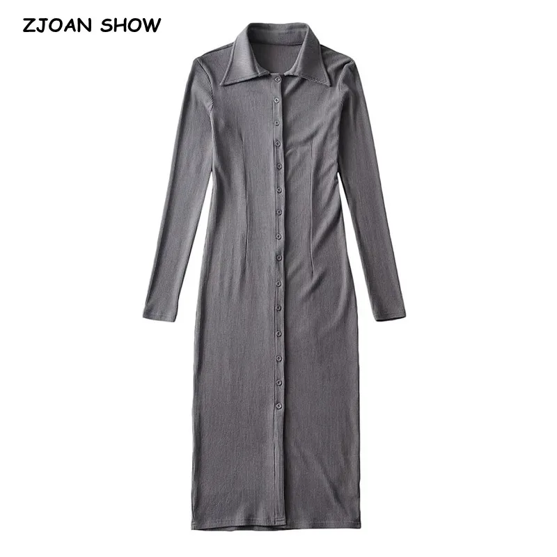 

2021 Women Sexy Lapel Single-Breasted Buttons Bodycon Dresses Midi Long Sleeve Slit Dress Package Hips Slim fit Rib Robe Vestido