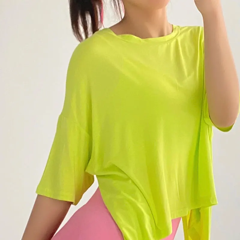 

2021 Summer New Lady Solid Back Waist Lace Up Yoga Short Sleeve Lightweight Breathable Moisture Wicking Sports Fitness Loose Top