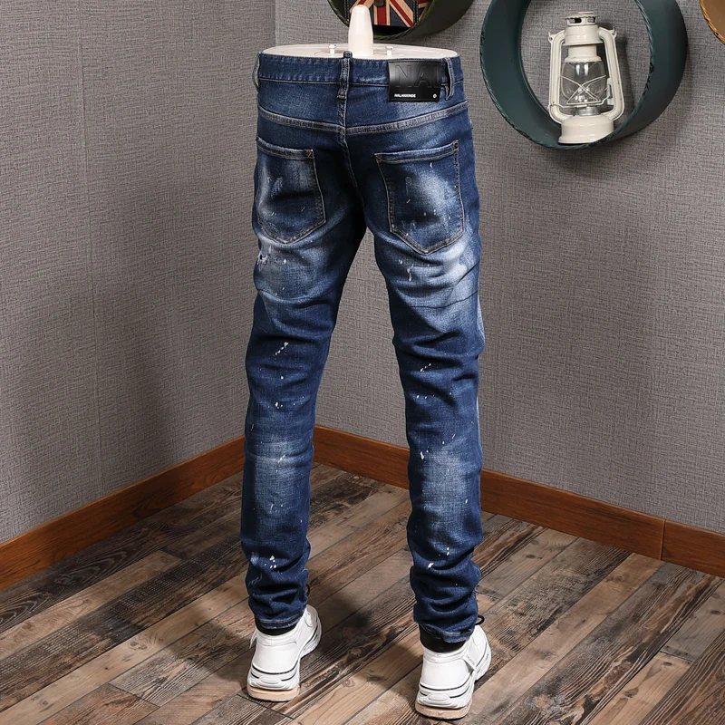 Italian Brand Fashion Men Jeans High Quality Retro Blue Elastic Slim Fit Ripped Jeans Men Distressed Designer Casual Denim Pants