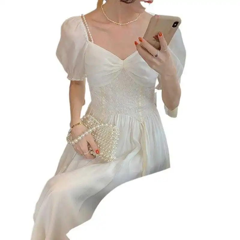 

Primavera branco luar temperamento vestido de fadas francesa branco primeiro amor vestido mostrar fino 2021 vestido feminino
