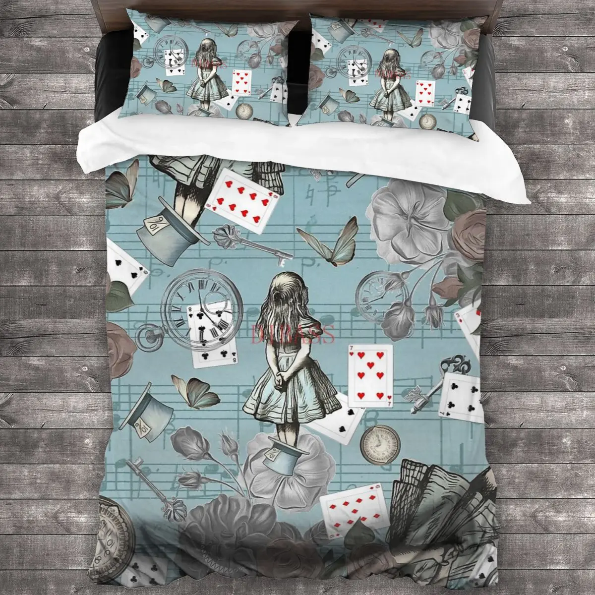 Коллаж Алиса в стране чудес-винтажный синий мягкий фоточехол с 2 наволочками