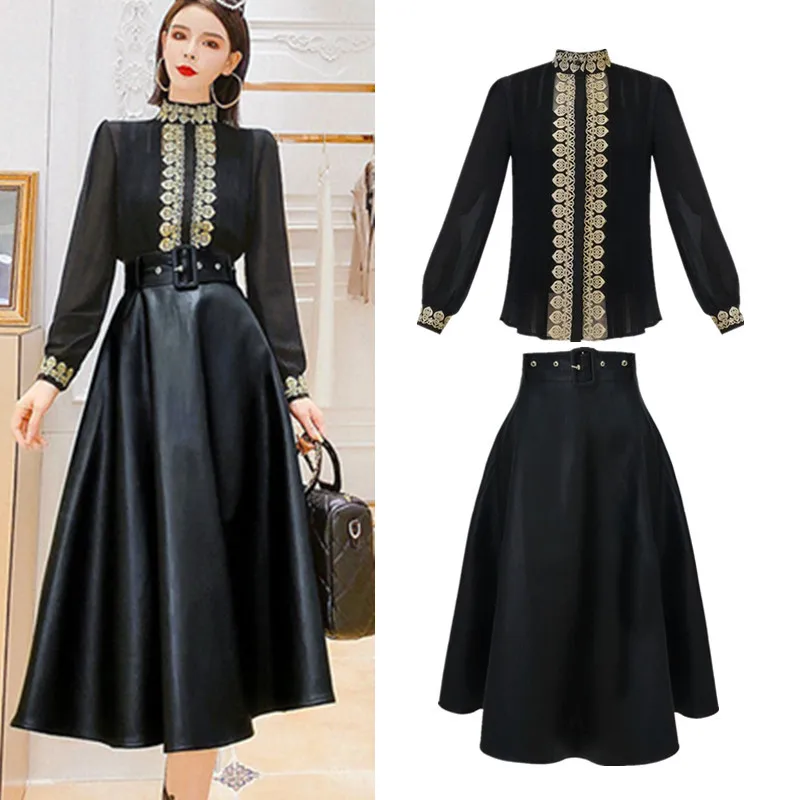 

With Belt! Women Autumn Spring Vintage Golden Embroidery Blouses And PU Long Elegant Skirts Suit Sets Clothing Set NS604