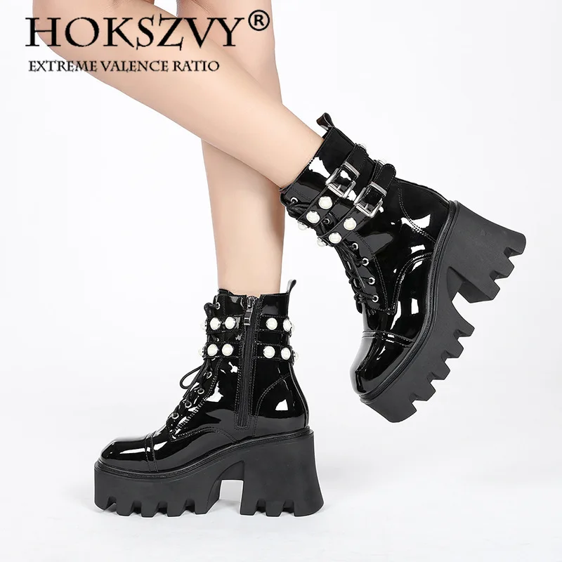 

HOKSZVY 8cm Heels New Buckle Pearl Burst Boots Muffin Thick Soled Motorcycle Boots Side Zipper Women's Boots Lhx