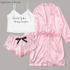 Размера плюс ночные рубашки, женские пижамы, атласная пижама, шелковая Домашняя одежда, кружевной домашний халат, подкладки для груди, сна, отдыха, розовый, белый, 3 шт.