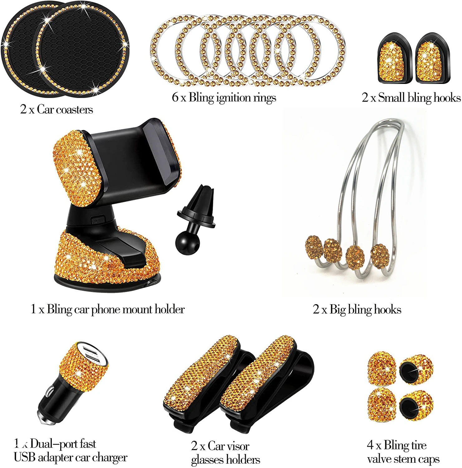 phone holder in car accessories golden yellow set usb charger bling automobiles interior women decorations glitter rhinestone free global shipping