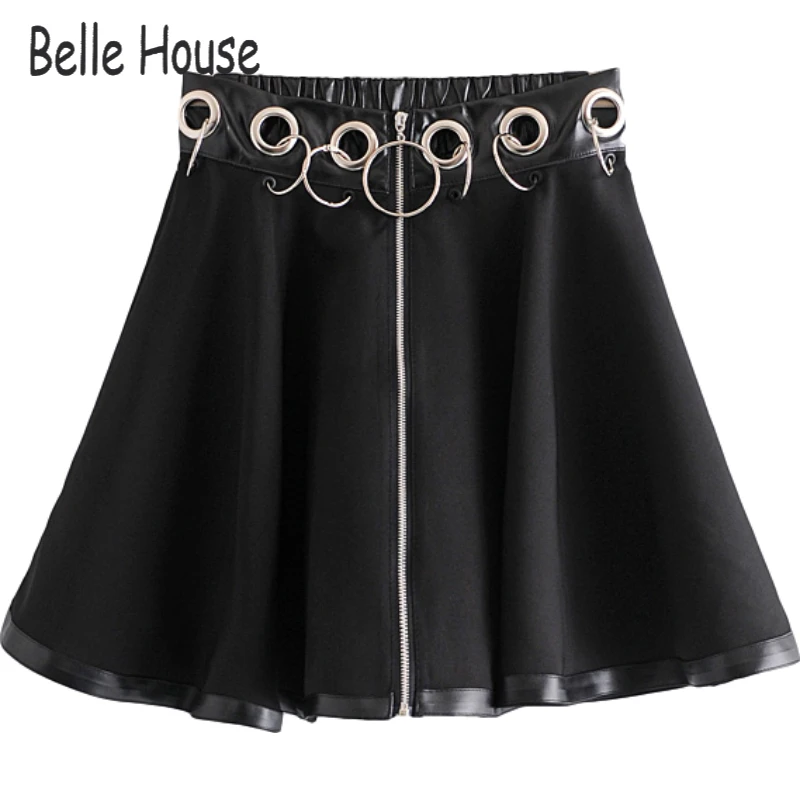 

Women Black Minin Skirts Gothic Punk Rings Zipper High Waist Female Streetwear Skirt Fashion Party Aline Skirt