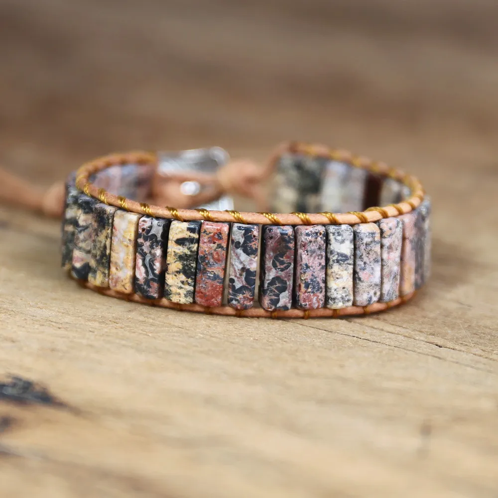 Кожаный плетеный браслет ручной работы в богемном стиле с леопардовым рисунком |