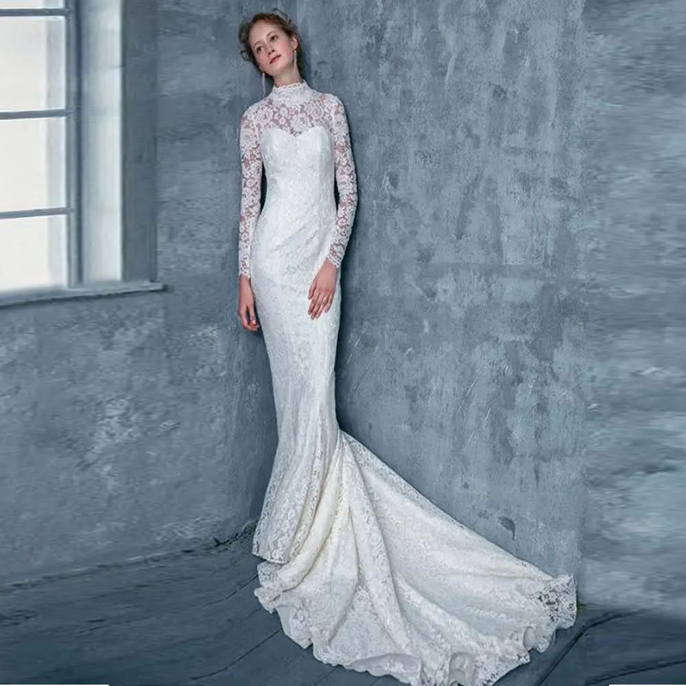 

High Collar Mermaid / Trumpet Sweep/Brush Lace long-sleeved Button Banbage Open back Floor length Evening Dresses Ivory