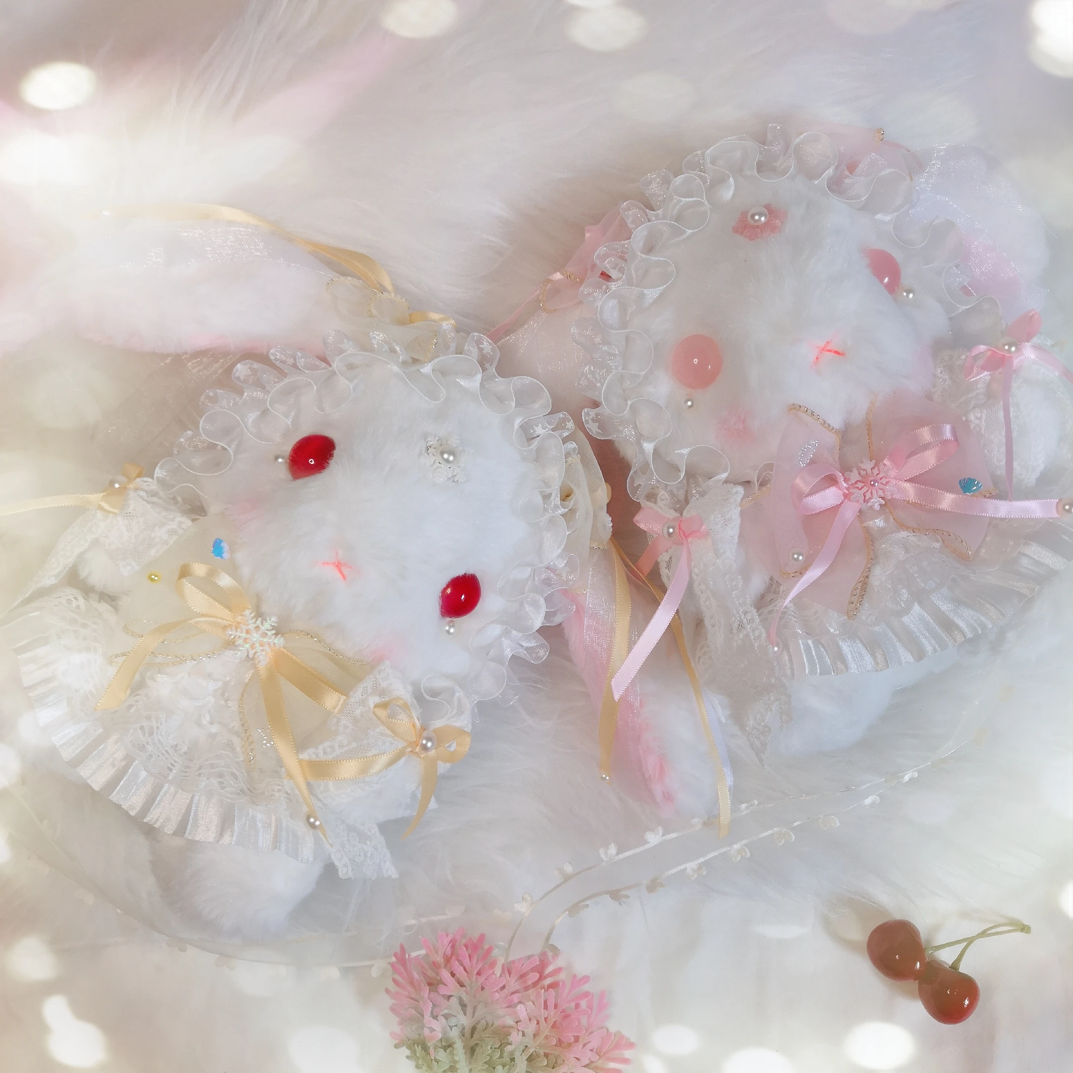 

Handmade Lop Ears Rabbit bag Package Lolita Messenger bag Cute Rabbit Bear Plush Doll Snow Yarn Pearl Chain Shoulder Bag Cosplay