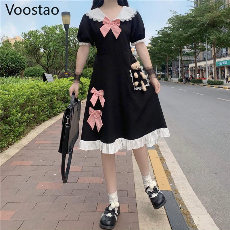 

Japanese Sweet Lolita Dress Women Cute Lace Bow Peter Pan Collar Bear Pocket Slim Party Dress Preppy Style Girls Harajuku Dress
