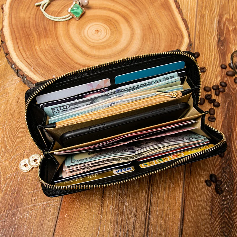 

Women Long Wallet High Grade oil wax leather Vintage Card Clutch Female Phone Purse Zipper Wristlet Compartment Carteras 2021