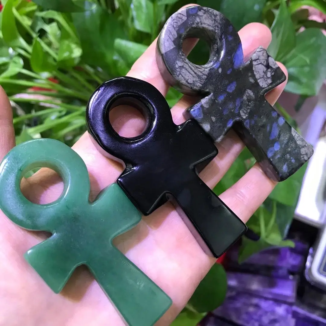 

Natural Green Aventurine & Glaucophane & Obsidian Crystal Quartz Minerals Key Of Life Carving Cross Female Symbol Gift Sculpture