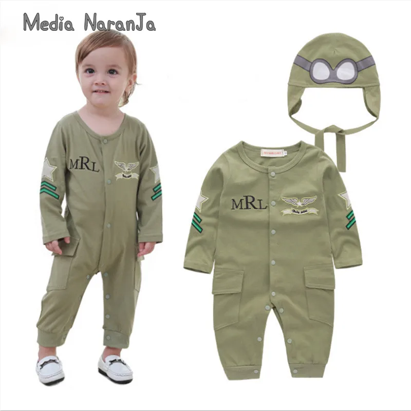 Baby Boy Infant Green Full Sleeves Pilot Aviator Romper+Hat 2pcs Set Playsuit Outfit Jumpsuit Rompers Cotton Costume |