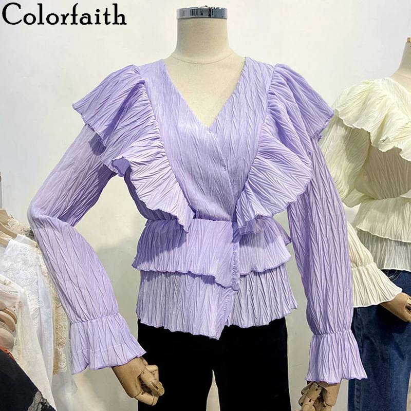 Colorfaith новинка 2020 весна лето женская блузка шифон v образный вырез оборки рукав