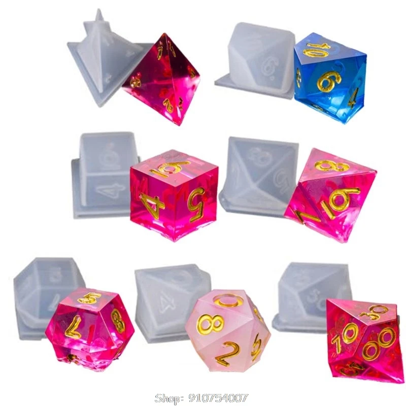 

7 Shapes Crystal Epoxy Mold Dice Fillet Shape Multi-spec Digital Game High Mirror dice mold silicone Making N06 20 Dropship