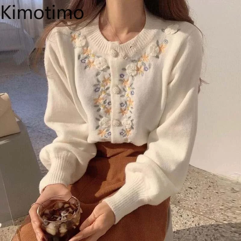 

Kimotimo Embroidery Cardigan Sweater Women 2021 Autumn New Pearl Button Loose Knit Cardigans Korean Ins O-neck Cropped Sweaters