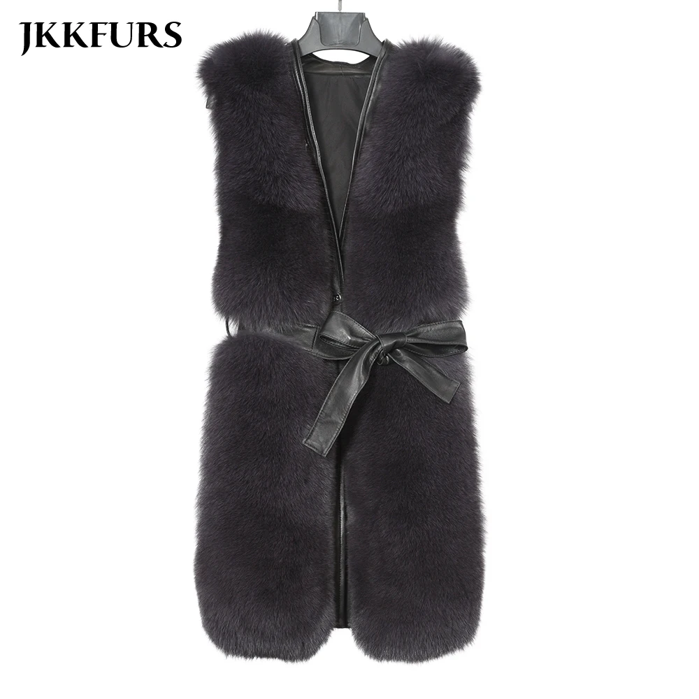 Женский Длинный Меховой жилет с поясом теплая безрукавка из натурального