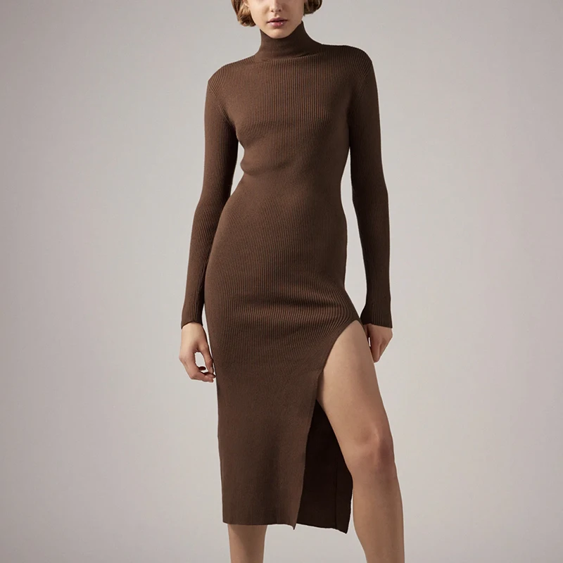 

Женское трикотажное платье-макси WXWT Za, однотонное элегантное Ребристое платье-водолазка с длинным рукавом, модель DA2001 на осень, 2021