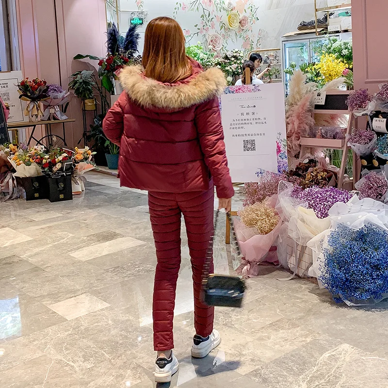 2019 Модный зимний женский теплый комплект парка с капюшоном пальто + штаны