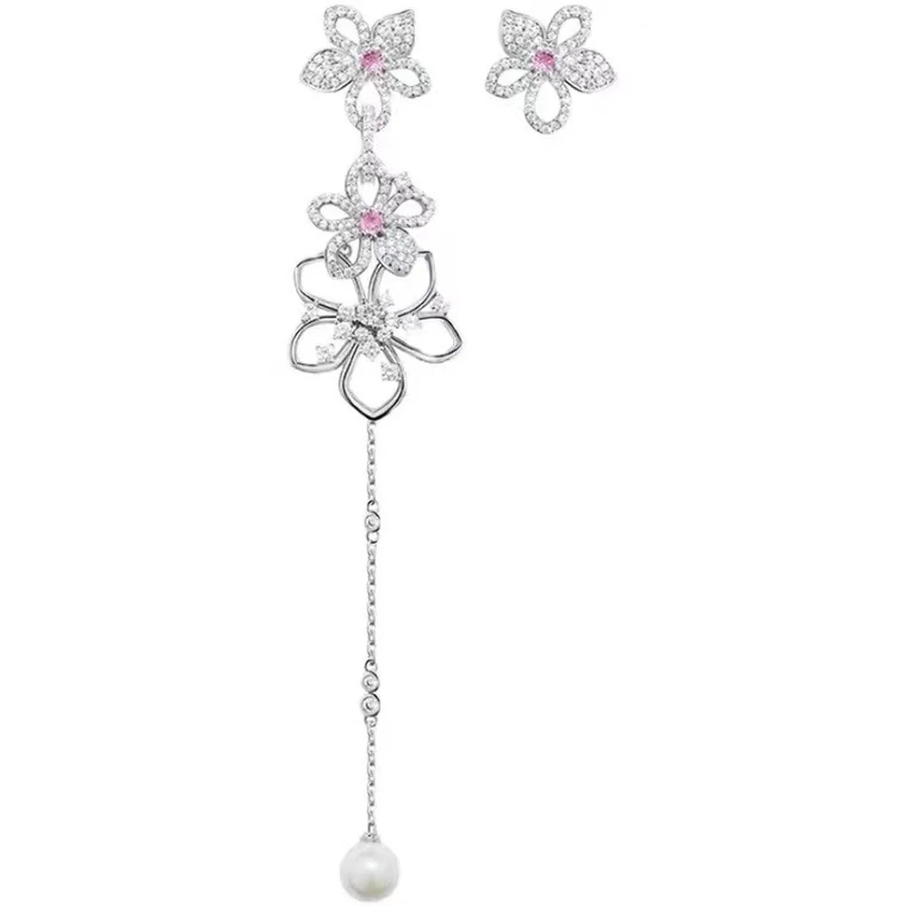 

Korean Style Asymmetric Flower Ear Stud S925 Silver Needle Cubic Zirconia Crystal Long Tassel Earrings Jewelry