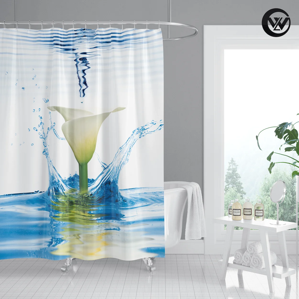 

Fashion 3D White Calla Lily Polyester Kids Bath Shower Curtains, Designers Fabric Flower Waterproof Bathroom Curtain/