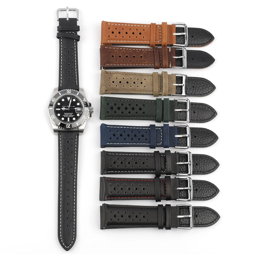 Genuine Leather Watch Band 18mm 20mm 22mm 24mm Breathable Porous Wristband Watch Bracelet Handmade Stitching for Men Watchstrap