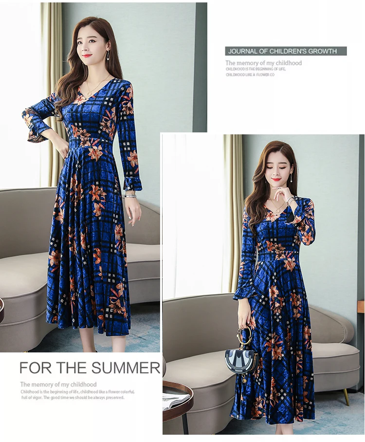 Vintage Floral Velvet Maxi Dresses Autumn Winter 3XL Plus Size Long Sleeve Midi Dress Elegant Women Bodycon Party Vestidos