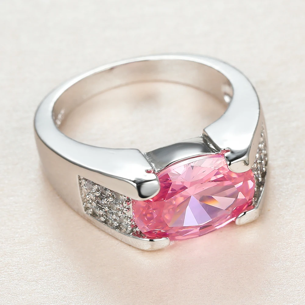 

Dainty Female Pink Crystal Stone Ring Charm Silver Color Wedding Rings For Women Luxury Bride Oval Zircon Thin Engagement Ring