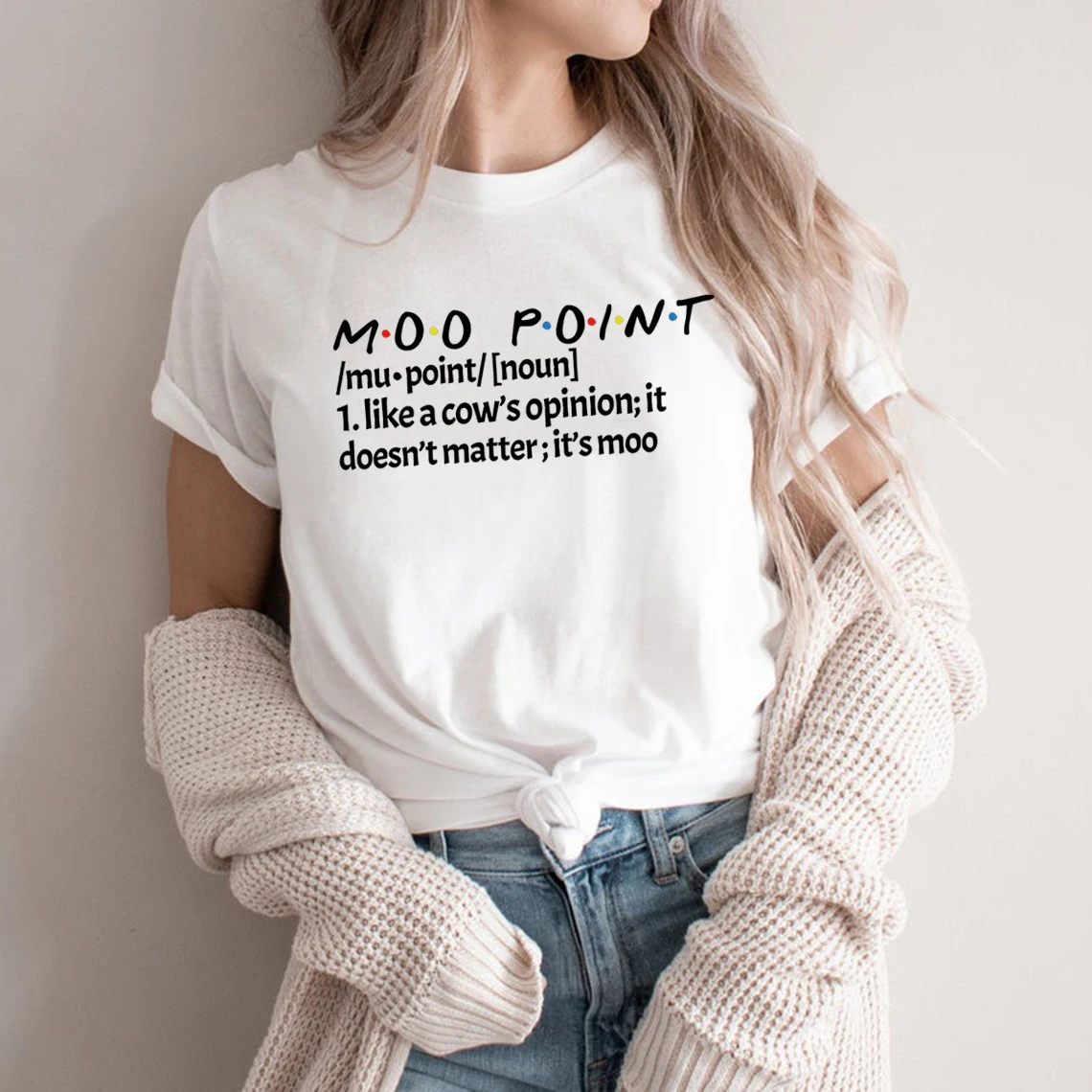 

Футболка с надписью «Friends Moo», точечная рубашка с рисунком Рэйчел Моники, друзья, для ТВ-шоу, с принтом Джоуи, с надписью «Moo Point», симпатичная, в стиле Харадзюку