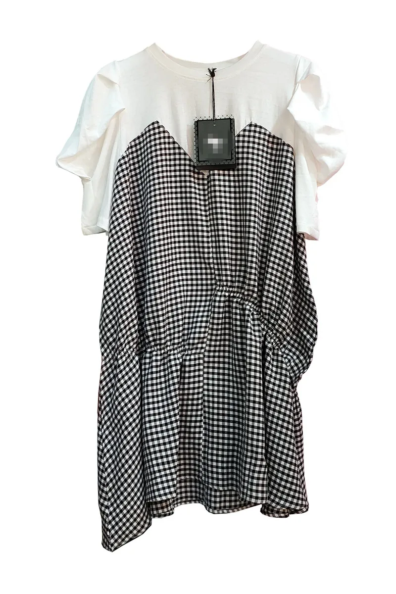

2021 Summer New Puff Sleeve Women Dress Round Neck Loose Slimming Dress Female Patchwork Fake Two Piece Dress Fashion