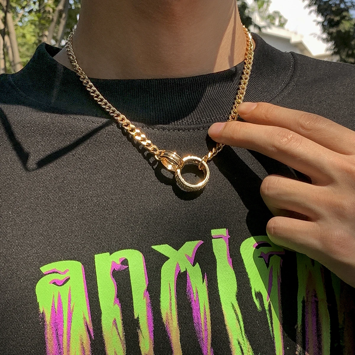 

New Fashion Geometric Round Circle Pendant Necklace For Women Men Punk Hip Hop Curb Cuban Link Chain Necklace Couple Jewelry