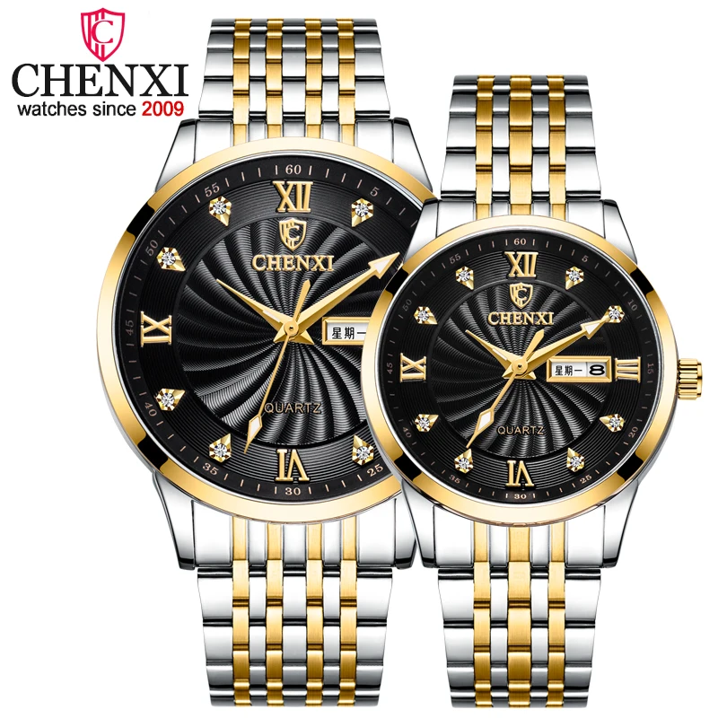 2023 New Couple Watches Luxury Brand CHENXI Men Quartz Watches For Women's Golden Full Steel Waterproof Clock Dress Lady Watch