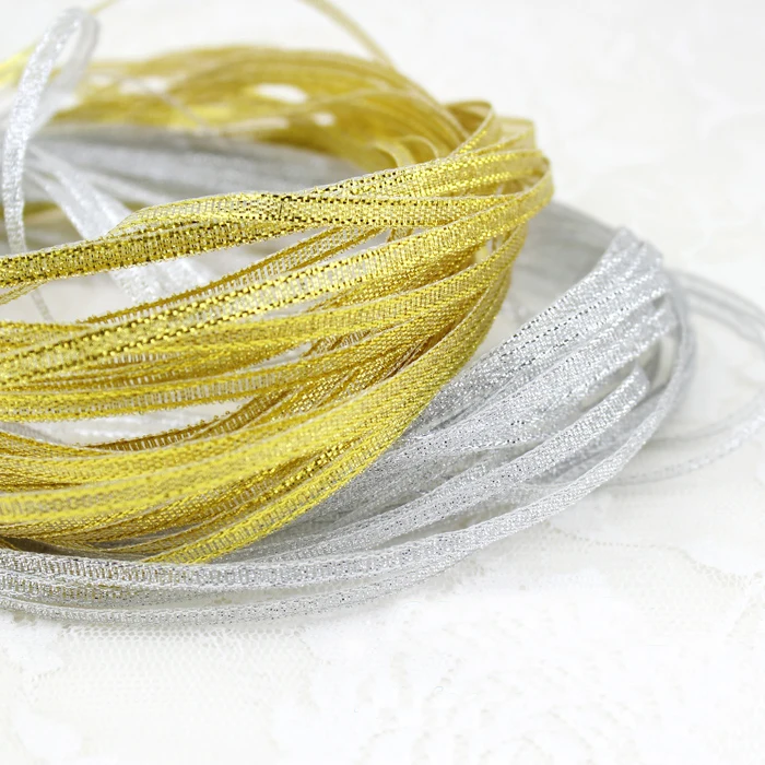 Блестящие металлические атласные ленты 3 мм 10 м/лот золотые серебряные
