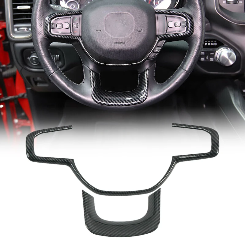 

CITALL 2Pcs/Set Car Interior Steering Wheel Button Trim Cover Frame Fit For Dodge Ram 1500 2019 2020 Black Carbon Fiber Style