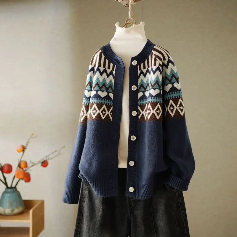 

Women's Casual Loose Knit Sweaters Coat Lightweight Retro Round Neck Long Sleeve Open Front Cardigan Ethnic Jacket