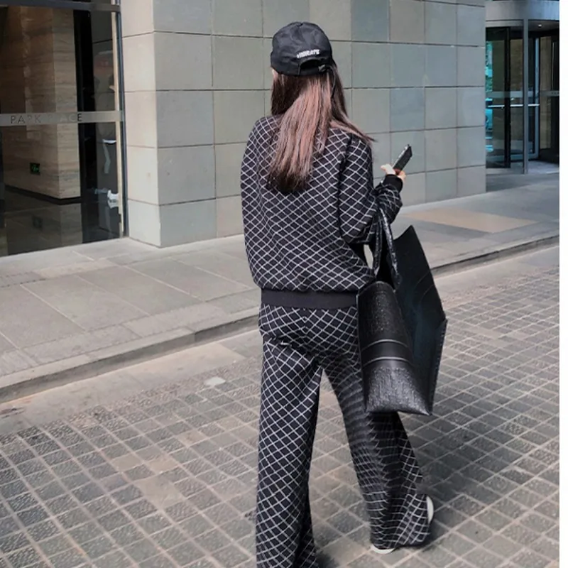 

New Autumn Winter Korean Loose Rhombus Flavor Sweater Wide Leg Pants Women's Trim Knitted Tracksuit 2 Pieces Set Suit