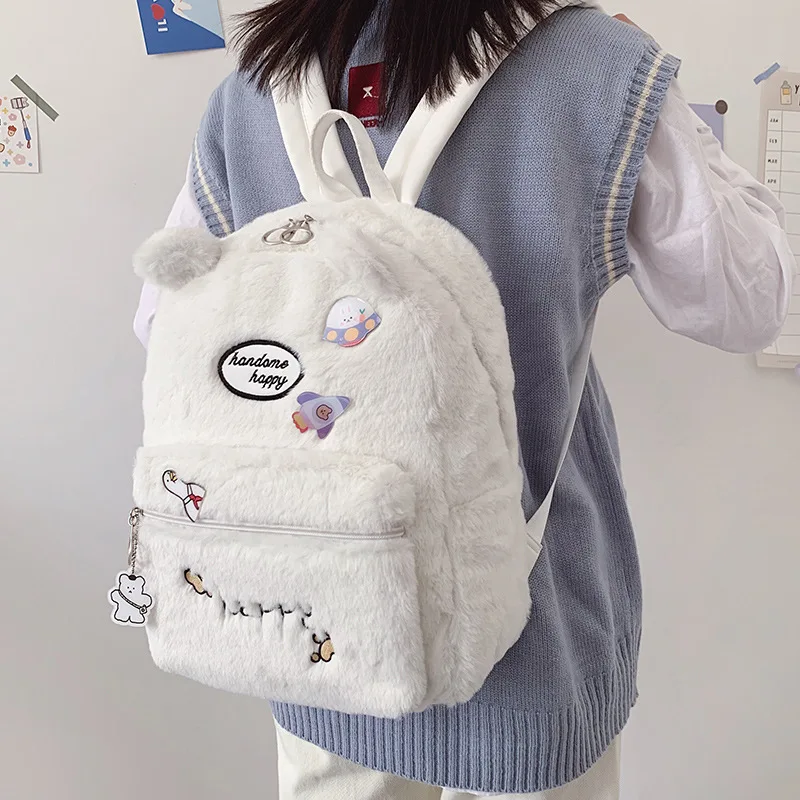Фото Новинка 2021 милые Мультяшные плюшевые рюкзаки для девочек мультяшный мех