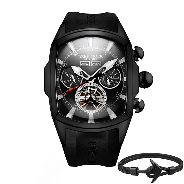 Топ бренд Reef Tiger Reloj Hombre Роскошные Tourbillon циферблат автоматические часы с резиновым ремешком механические водонепроницаемые мужские часы даты Relogio Masculino+ подарок - Цвет: RGA3069-BBB Box Gift