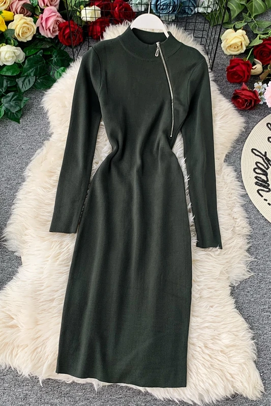 

Women Chic Knitted Dress Autumn Winter Fashion Zipper Stand Neck Warm Sheath Dress Korean Sexy Elastic Sweater Dress
